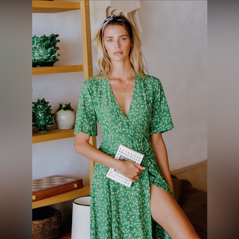 Faithful The Brand Green Floral Wrap Wrap Midi Dress, S